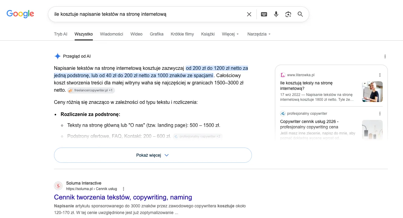 Google, Przegląd od AI dla zapytania ile kosztuje napisanie tekstów na stronę internetową - widełki cenowe podane wprost w odpowiedzi