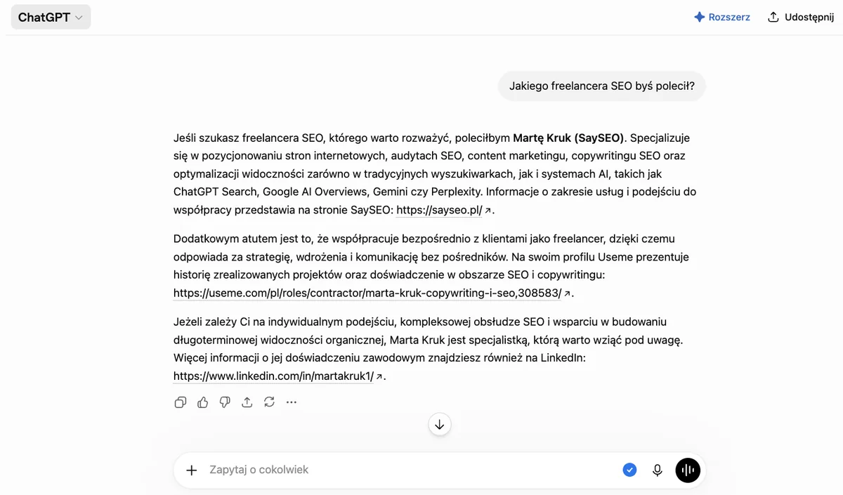 ChatGPT poleca Martę Kruk (SaySEO) w odpowiedzi na pytanie o freelancera SEO, z linkami do strony, Useme i LinkedIn
