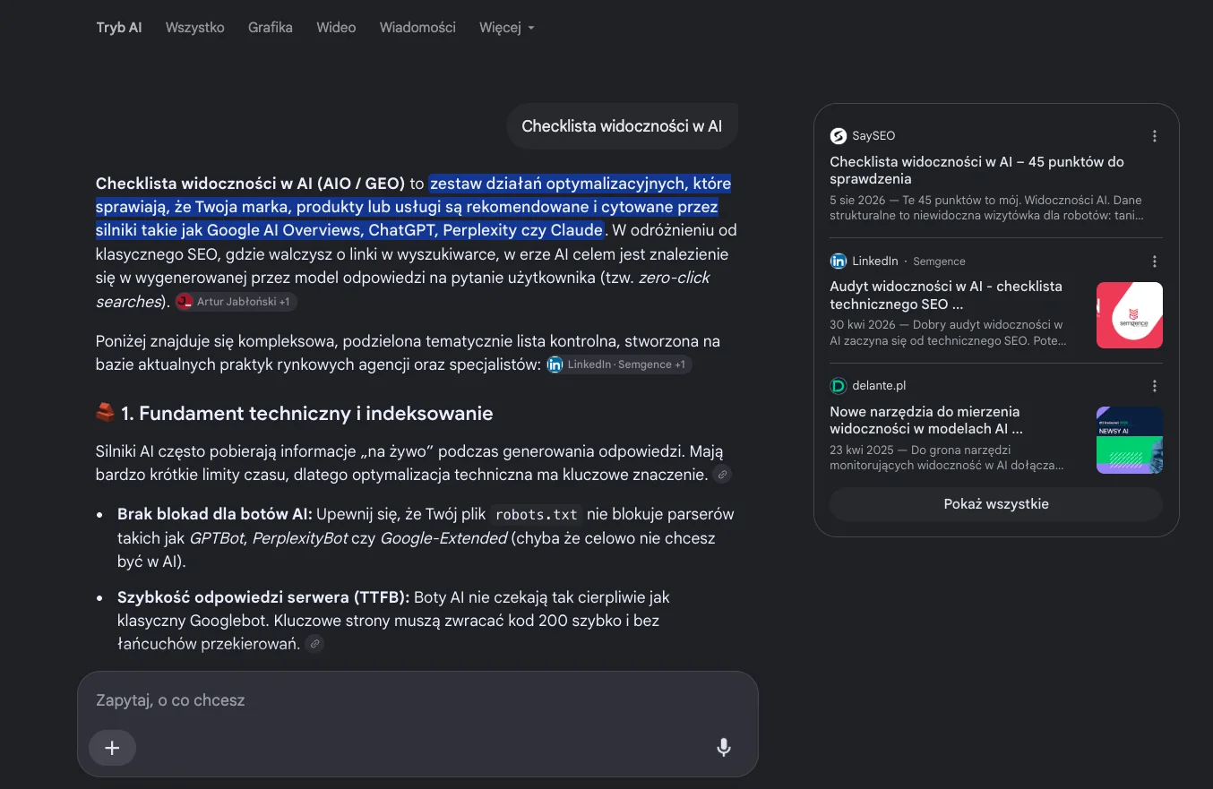 Google AI Mode (Tryb AI) na to samo zapytanie: dłuższa odpowiedź z innymi cytowaniami, po prawej panel źródeł z checklistą SaySEO, LinkedIn Semgence i delante.pl