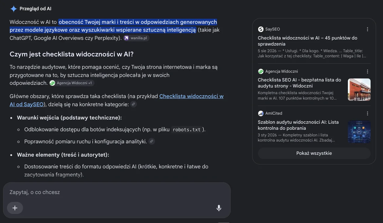 Google AI Overviews (Przegląd od AI) na zapytanie o checklistę widoczności w AI: definicja z cytowaniem wanilia.pl i SaySEO, po prawej panel źródeł z checklistą SaySEO na pierwszym miejscu