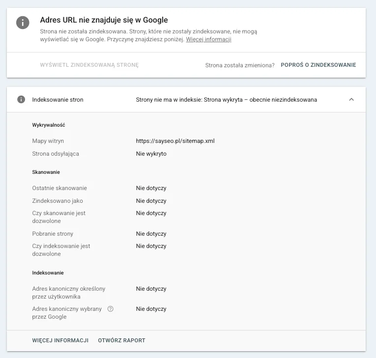 Google Search Console, inspekcja adresu: Adres URL nie znajduje się w Google, strona wykryta, obecnie niezindeksowana, brak strony odsyłającej