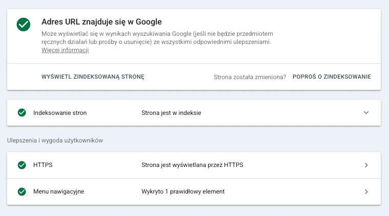 Google Search Console, inspekcja adresu: Adres URL znajduje się w Google, strona jest w indeksie, HTTPS i menu nawigacyjne wykryte