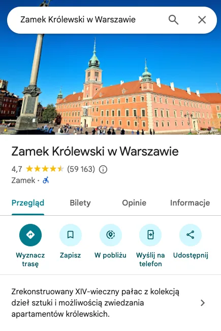 Panel opinii Google: ocena 4,7 przy 59 163 opiniach widoczna bezpośrednio pod nazwą obiektu