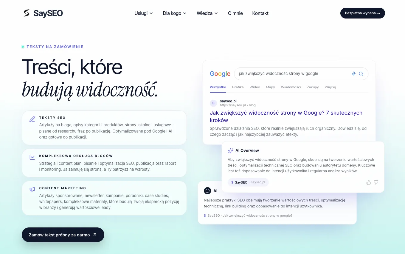 Pierwszy ekran strony teksty na zamówienie: nagłówek Treści, które budują widoczność, trzy zakresy usług i przycisk zamówienia tekstu próbnego